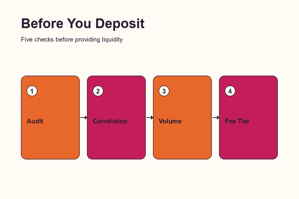 Illustrated checklist showing the steps for evaluating a liquidity pool before providing capital, from checking audits to sizing the deposit