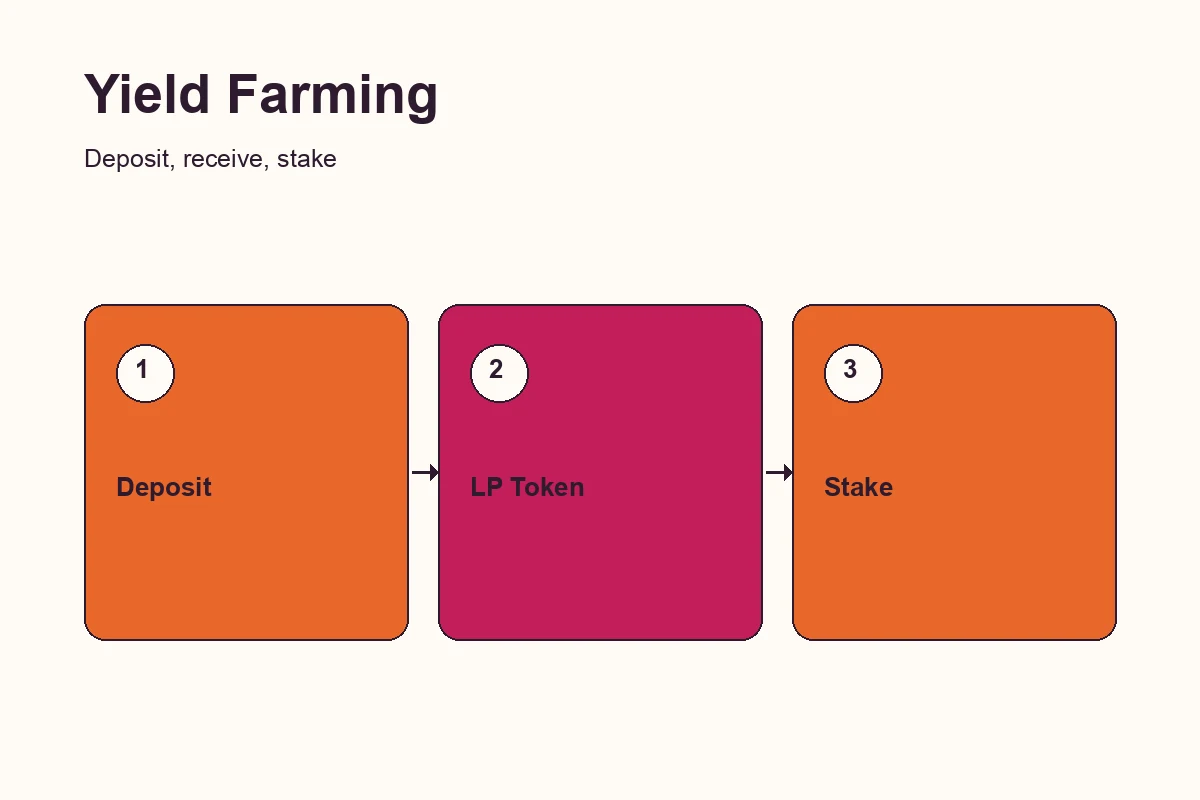 Three-step illustration showing a token deposit, the resulting LP token, and that LP token staked for additional yield-farming rewards